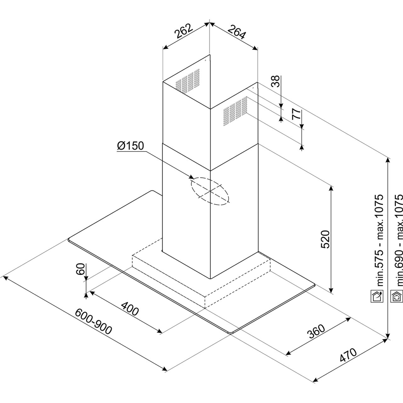 90cm Stainless Steel and Glass Wall Hood - Image 2