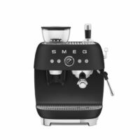 matte black espresso machine with coffee grinder, smeg, appliance store