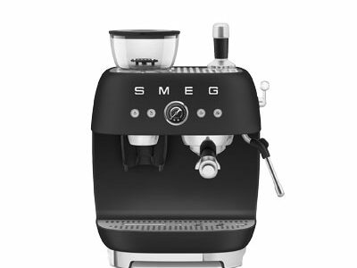 matte black espresso machine with coffee grinder, smeg, appliance store
