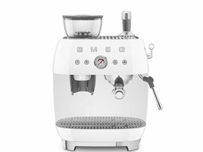 white espresso machine with coffee grinder, smeg, appliance store